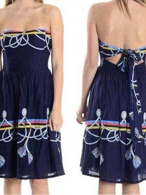 Anthropologie & Wakana Koike Strapless Navy Rope-Embroidered Summer Dress